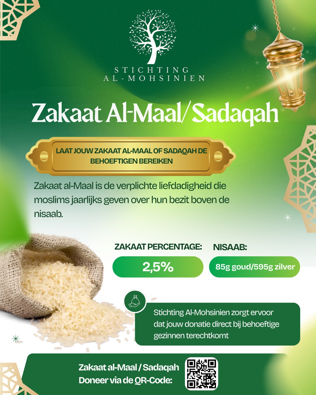 Poster van Stichting Al-Mohsinien over Zakaat Al-Maal en sadaqah